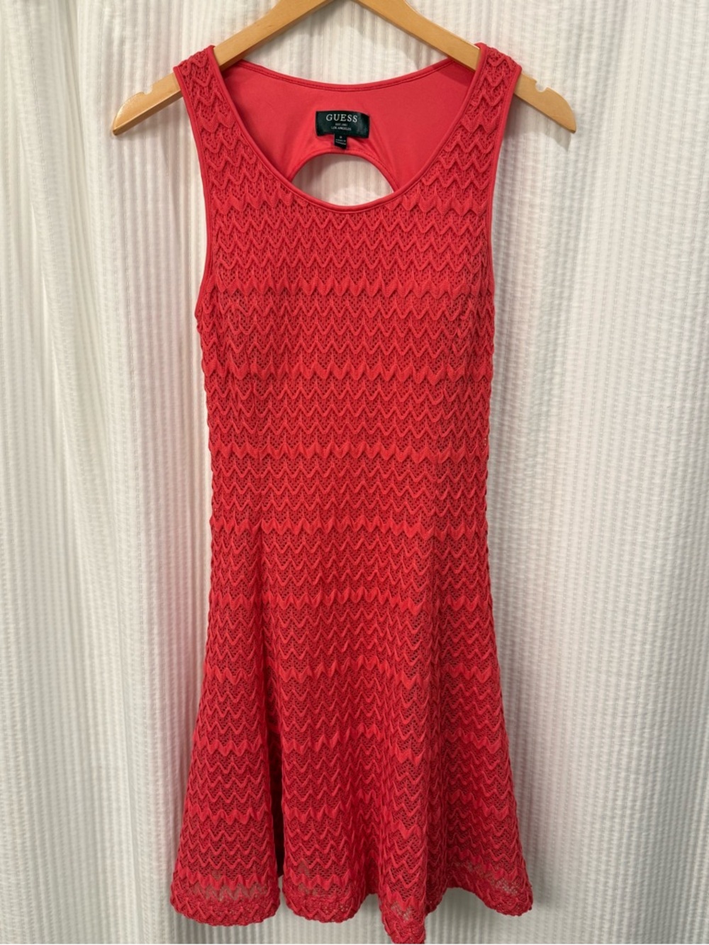 GUESS Coral-Red Sleeveless Textured Fit-and-Flare Mini Dress